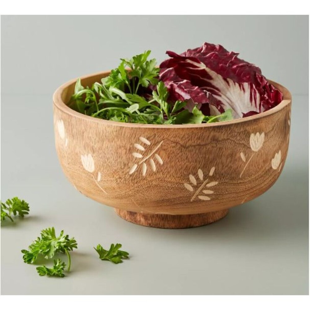 NEW Anthropologie Rosemary Serving Bowl Mango Wood Hand Carved Floral 10" x 5"